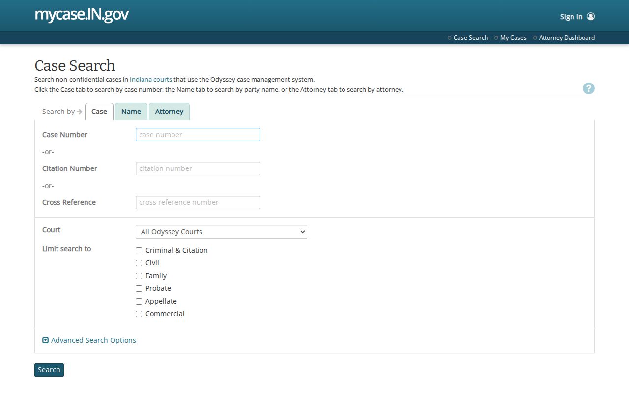 Official Indiana MyCase court search interface